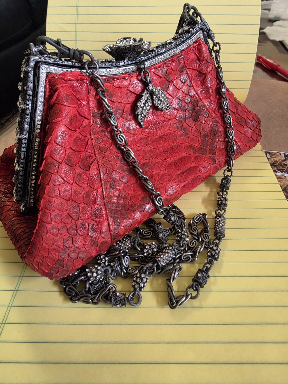 Python Red Evening Clutch with Ornate Chain